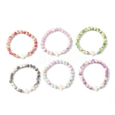 6Pcs 6 Colors Baking Paint Synthetic Turquoise Round & Cross Beads Stretch Bracelets for Men Women BJEW-JB12339-1