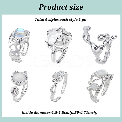 6Pcs 6 Styles Synthetic Moonstone & Cat Eye Open Cuff Rings Set RJEW-AN0001-09-1