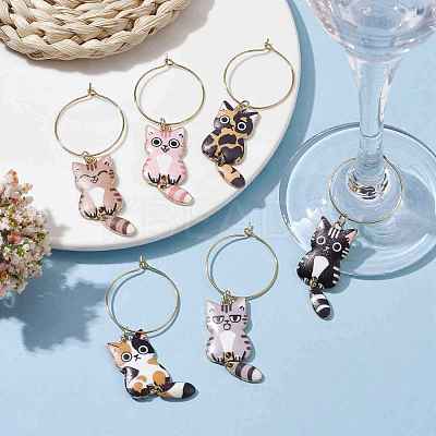 7pcs Cat Alloy Pendants Wine Glass Charms Sets AJEW-JO00252-1