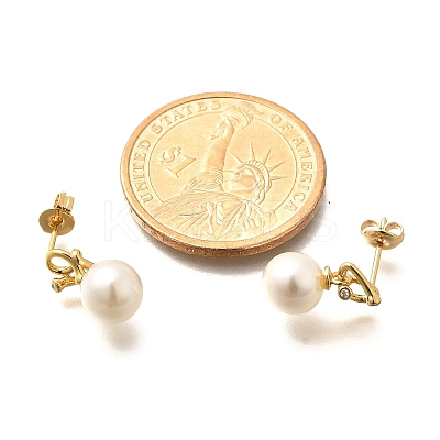 Round Brass Micro Pave Cubic Zirconia & ABS Plastic Pearl Dangle Stud Earrings EJEW-C126-06G-1