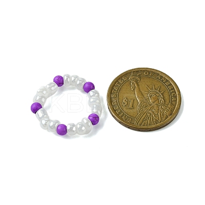 Round Synthetic Turquoise with Glass Seeded Beaded Stretch Rings for Women RJEW-JR00707-04-1