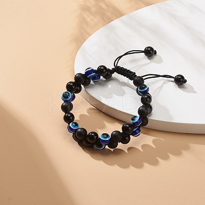 Natural Black Agate(Dyed) & Eyeless Obsidian & Resin Evil Eye Braided Bead Bracelet BJEW-JB08840-03-1