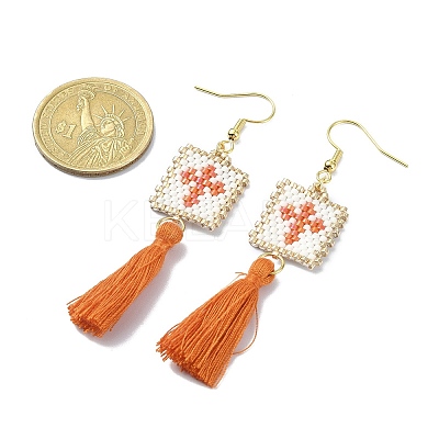 Glass Rectangle with Tassel Dangle Earrings EJEW-MZ00064-1