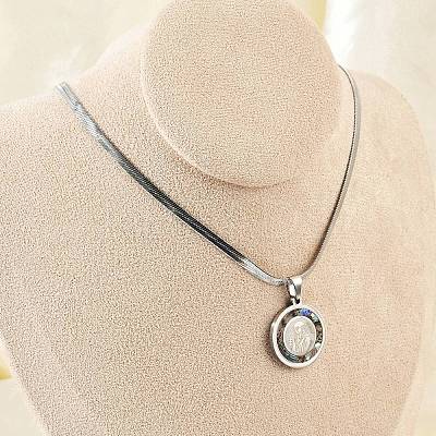 201 Stainless Steel Flat Round Pendant Flat Snake Chain Necklaces for Men NJEW-S387-04P-1