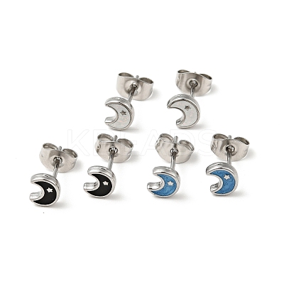 Enamel Crescent Moon with Star Stud Earrings with 316 Surgical Stainless Steel Pins EJEW-A081-05P-1