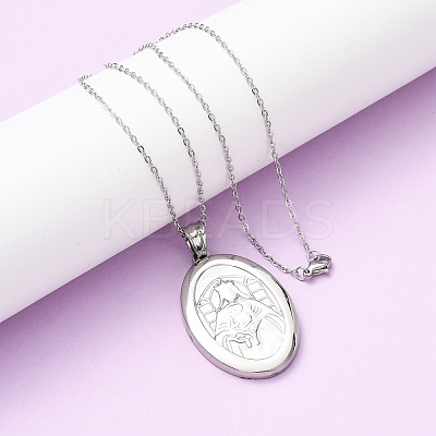 304 Stainless Steel Oval with Virgin Mary Pendant Necklaces for Women NJEW-B149-01P-1