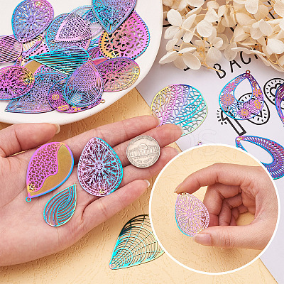 48 Pcs 12 Styles 201 Stainless Steel Filigree Pendants STAS-FW0001-12-1