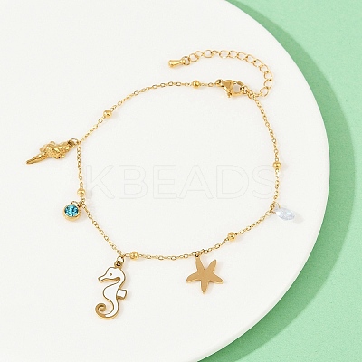 304 Stainless Steel Pave Deep Sky Blue Cubic Zirconia Enamel Sea Horse Starfish Conch Charm Anklets for Women AJEW-G069-03G-1
