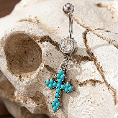 Cowboy Theme 304 Stainless Steel Pave Synthetic Turquoise Curved Barbell Dangle Belly Rings FS-WGEFD82-03-1
