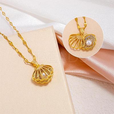 Seashell Pearl Necklace Clear Cubic Zirconia Shell Cage Dangle Necklace Summer Scallop Choker Charm Stainless Steel Jewelry for Women Beach JN1114A-1