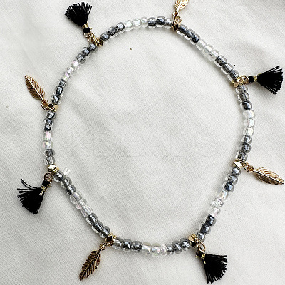 Bohemian Style Alloy Feather Charm Tassel Plastic Seed Beaded Stretch Anklets FS-WGB8A48-04-1