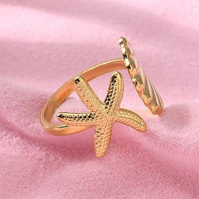 304 Stainless Steel Starfish & Shell Open Cuff Rings for Women RJEW-C095-09G-1