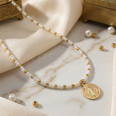 304 Stainless Steel Saint Benedict Medal Pendant Glass and Brass Beaded Short Necklaces for Women Daily Wear AB8901-1