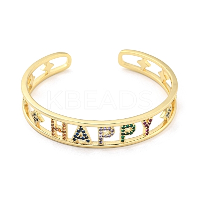 Word Happy Brass Micro Pave Colorful Cubic Zirconia Open Cuff Bangles for Women BJEW-Z062-21G-1