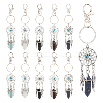 10Pcs Woven Net/Web with Feather Alloy Pendant Decorations HJEW-NB0001-83-1