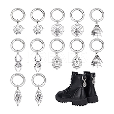 12Pcs 6 Styles Tibetan Style Alloy Spider Web & Spider Shoe Charms HJEW-PH02287-1