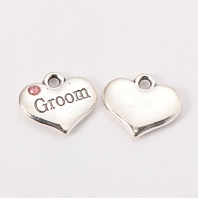 Wedding Theme Antique Silver Tone Tibetan Style Alloy Heart with Groom Rhinestone Charms TIBEP-N005-20B-1