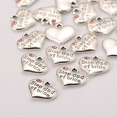 Wedding Theme Antique Silver Tone Tibetan Style Alloy Heart with Step Dad of Bride Rhinestone Charms LS-TIBEP-N005-22A-1