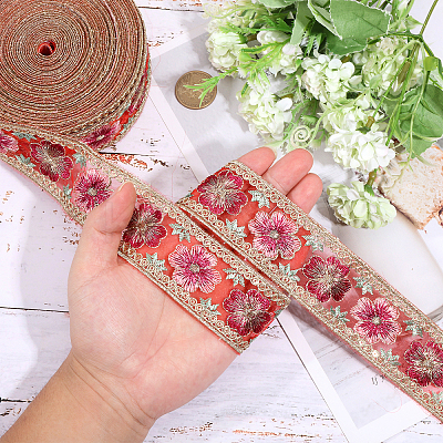 5 Yards Embroidered Organza Flower Ribbons SRIB-GL0001-02-1