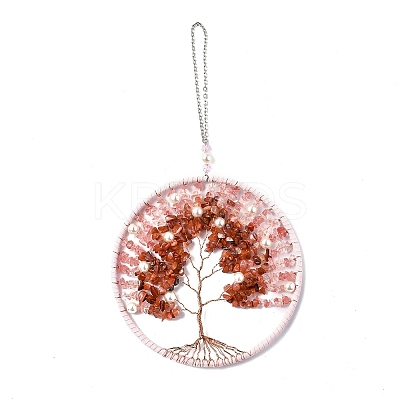 Wire Wrapped Chips Natural Rose Quartz & Red Agate Big Pendant Decorations HJEW-A005-02B-1
