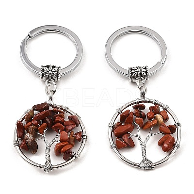Natural Red Jasper Flat Round with Tree of Life Pendant Keychain KEYC-E023-03L-1
