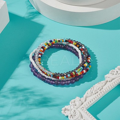 Faceted Glass & Natural Amethyst Stretch Beaded Bracelets Sets BJEW-TA00202-04-1