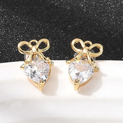 Heart Brass Micro Pave Clear Cubic Zirconia Stud Earrings EJEW-P331-06G-1