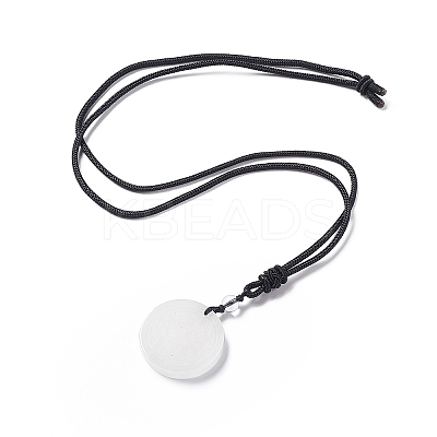 Natural Quartz Crystal Flat Round with Flower of Life Pendant Necklace with Nylon Cord for Women NJEW-P274-02-07-1