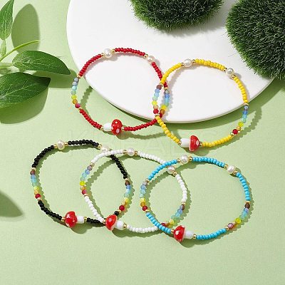 Glass Seed & Plastic Mushroom Beaded Stretch Bracelet for Women BJEW-JB10185-1