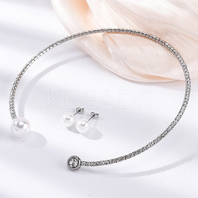 Round Plastic Imitation Pearl Stud Earrings & Cubic Zirconia Rhinestone Cuff Choker Necklaces Sets SJEW-U003-07P-1