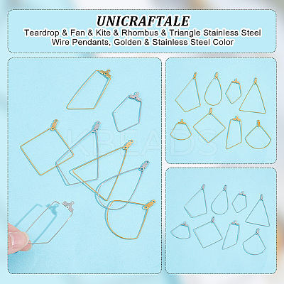32Pcs 16 Style Teardrop & Fan & Kite & Rhombus & Triangle 304 Stainless Steel Wire Pendants STAS-UN0045-53-1