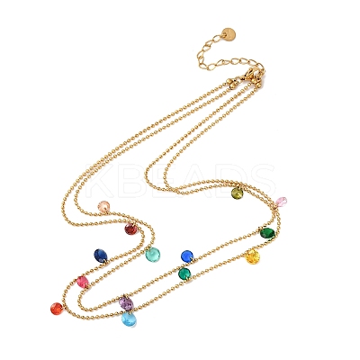 304 Stainless Steel Ball Chain Colorful Cubic Zirconia Flat Round Tassel Double Layer Necklaces for Women NJEW-A051-05G-1