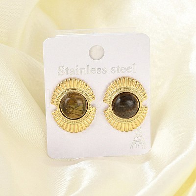 304 Stainless Steel Natural African Turquoise(Jasper) Stud Earrings EJEW-G421-02G-02-1