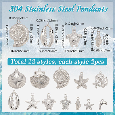 24Pcs 12 Styles Ocean Theme 304 Stainless Steel Pendants STAS-SC0010-05-1