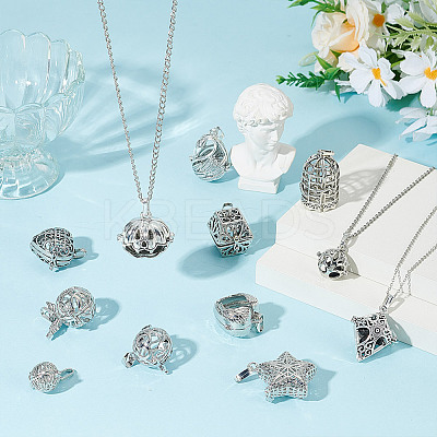 12Pcs 12 Styles Brass Hollow Bead Cage Pendants KK-AR0004-44-1