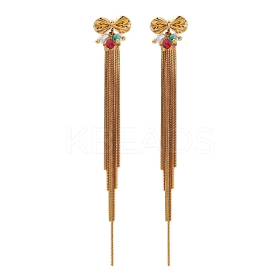 Brass Bowknot Tassel Stud Earrings EJEW-R014-14G-1