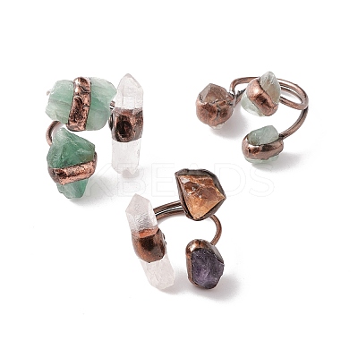 Natural Gemstone & Quartz Crystal Irregular Nugget Open Cuff Ring RJEW-I082-07R-1
