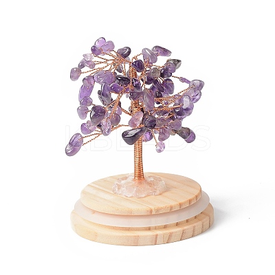 Natural Amethyst Chips Money Tree in Dome Glass Bell Jars with Wood Base Display Decorations DJEW-B007-04G-1