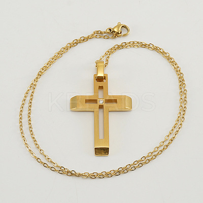 316 Surgical Stainless Steel Pave Clear Cubic Zirconia Religion Hollow Cross Pendant Necklaces for Women WGFBAC1-02-1
