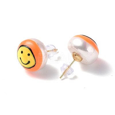 Natural Shell Smiling Face Stud Earrings with Enamel EJEW-G334-04B-1