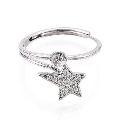 Star Shape Brass Micro Pave Clear Cubic Zirconia Adjustable Ring Settings KK-T076-51P-1