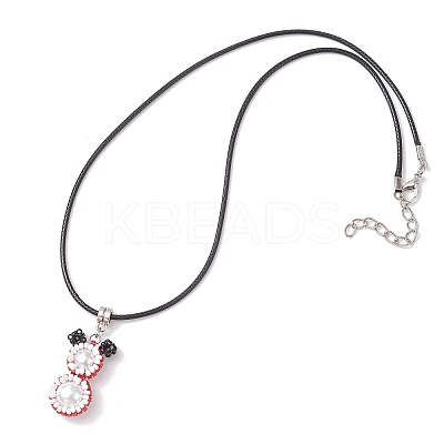 Glass Seed Beads & Glass Pearl Round Beaded Bear Pendant Waxed Cotton Cord Necklaces for Women Men NJEW-MZ00126-03-1