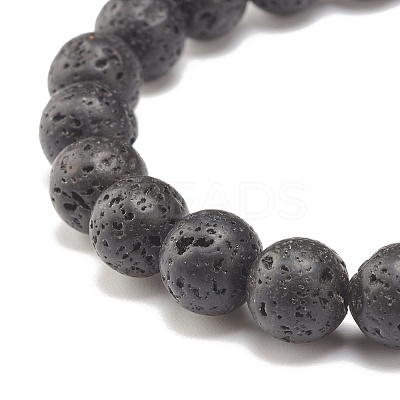 Natural Lava Rock Round Beaded Stretch Bracelet with Hamsa Hand BJEW-JB07693-1