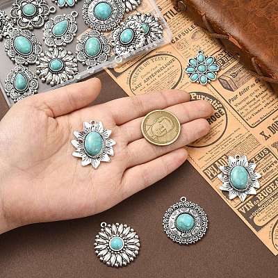 20Pcs 10 Styles Alloy Pave Synthetic Turquoise Pendants FIND-CJ0004-29-1