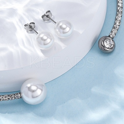 Round Plastic Imitation Pearl Stud Earrings & Cubic Zirconia Rhinestone Cuff Choker Necklaces Sets SJEW-U003-07P-1