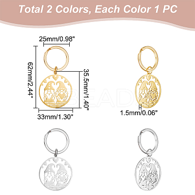 2Pcs 2 Colors Heart Gnome 304 Stainless Steel Pendant Keychain KEYC-UN0001-14-1