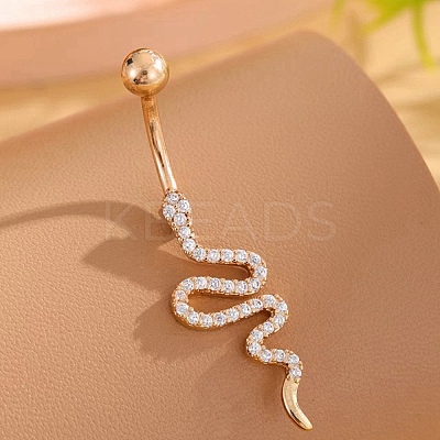 Snake Brass Micro Pave Clear Cubic Zirconia Curved Barbell Belly Rings LS-AJEW-L099-03G-1