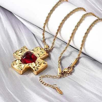 Cross with Heart 304 Stainless Steel Cubic Zirconia Pendant Necklaces NJEW-H070-01G-01-1