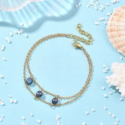 Brass Cable Chains & Rice Natural Cultured Freshwater Pearl Double Layers Bracelets for Women BJEW-JB14135-02-1
