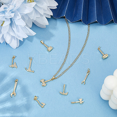 12Pcs 12 Styles Rack Plating Brass Micro Pave Clear Cubic Zirconia Tool Pendants KK-BBC0021-90-1